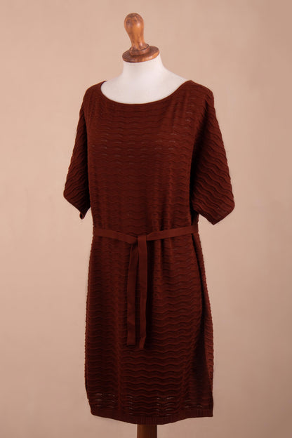 Thalu in Rust Cotton Knitted Belted T-Shirt Dress in Russet Red from Peru