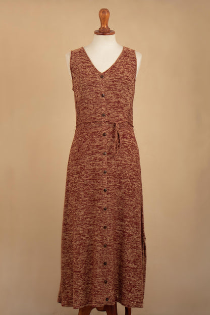 Toqo Melange Organic Cotton Buttoned Maxi Dress in Russet Red from Peru