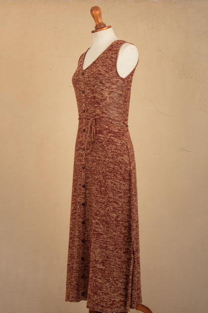 Toqo Melange Organic Cotton Buttoned Maxi Dress in Russet Red from Peru