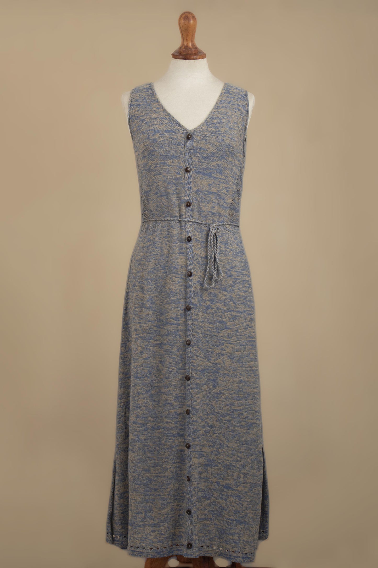 Toqo in Heathered Sky Blue Organic Cotton Buttoned Maxi Dress in Cerulean from Peru