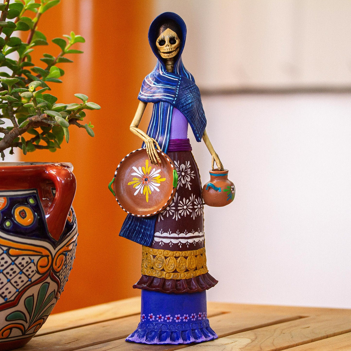 Catrina Tomasa Ceramic Catrina Sculpture with Blue Mantle from Mexico