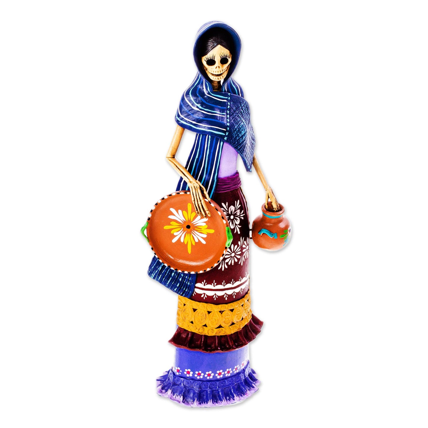 Catrina Tomasa Ceramic Catrina Sculpture with Blue Mantle from Mexico