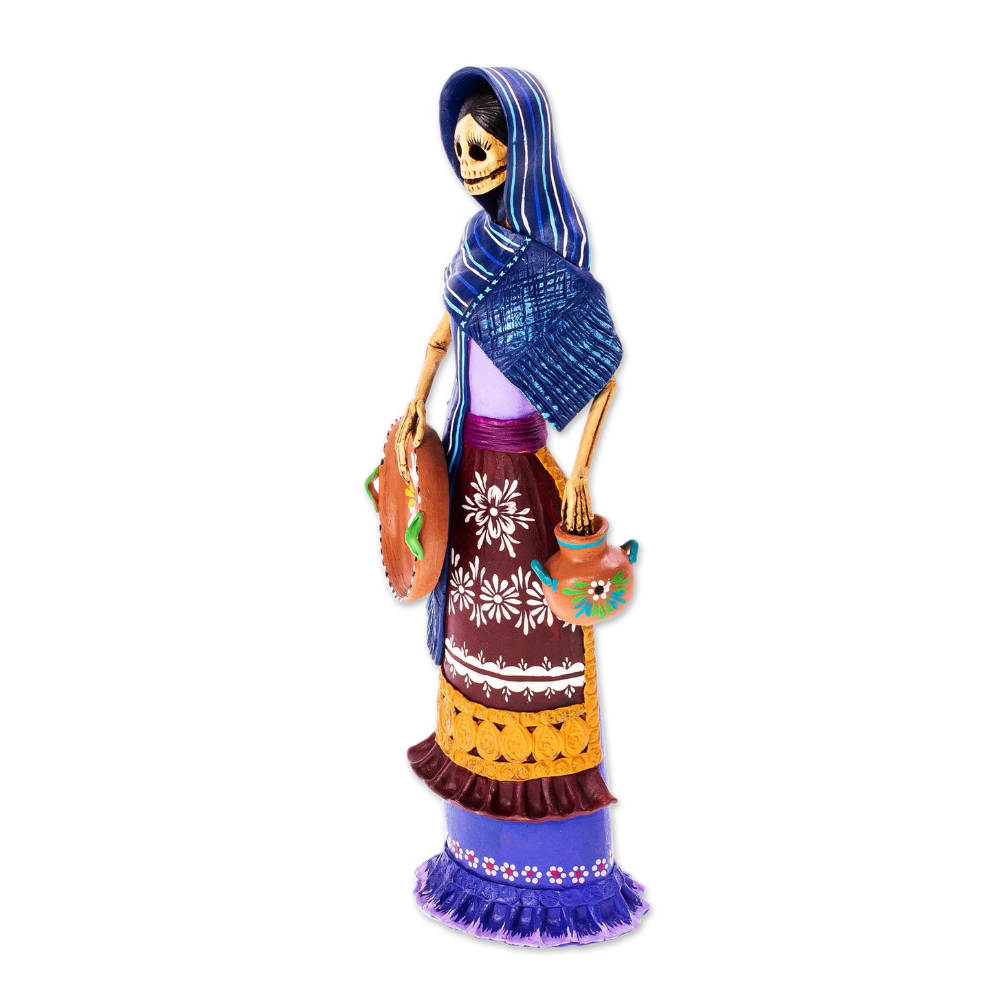 Catrina Tomasa Ceramic Catrina Sculpture with Blue Mantle from Mexico