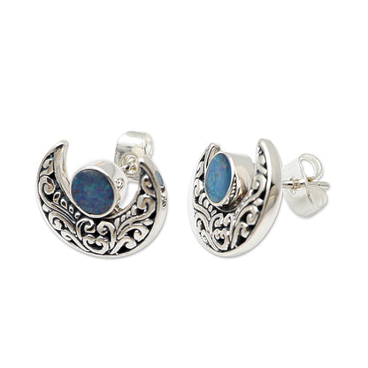 Embellished Moon Opal and Sterling Silver Crescent Moon Button Earrings