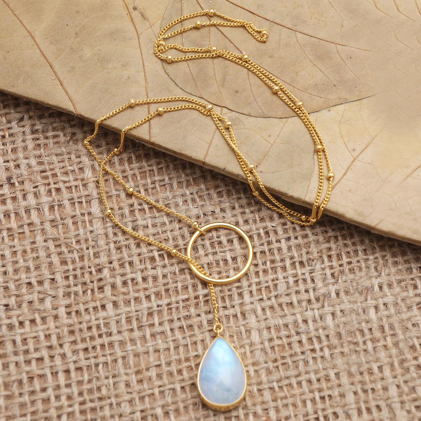 Sky Blue Teardrop Gold-Plated Rainbow Moonstone Pendant Necklace