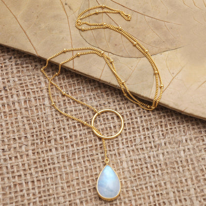 Sky Blue Teardrop Gold-Plated Rainbow Moonstone Pendant Necklace