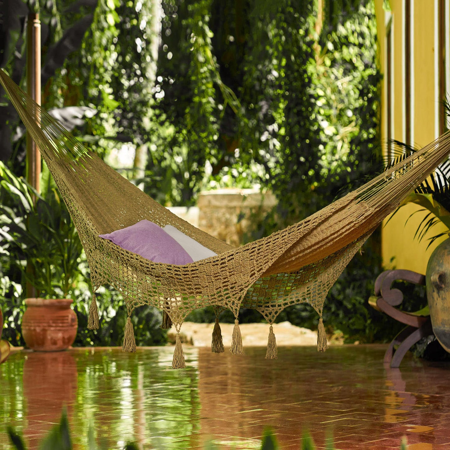 Maya Memories in Olive Macrame-Accented Cotton Hammock (Triple)