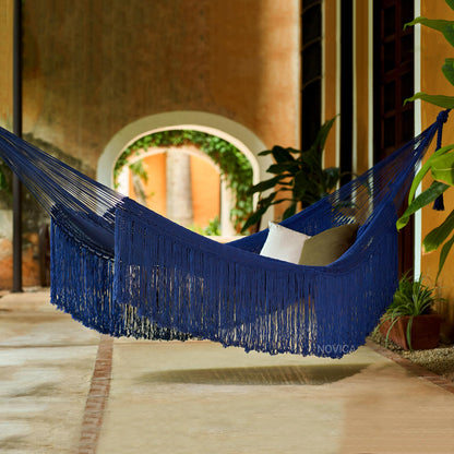 Yucatan Dreams Fringed Navy Cotton Rope Hammock (Double) From Mexico