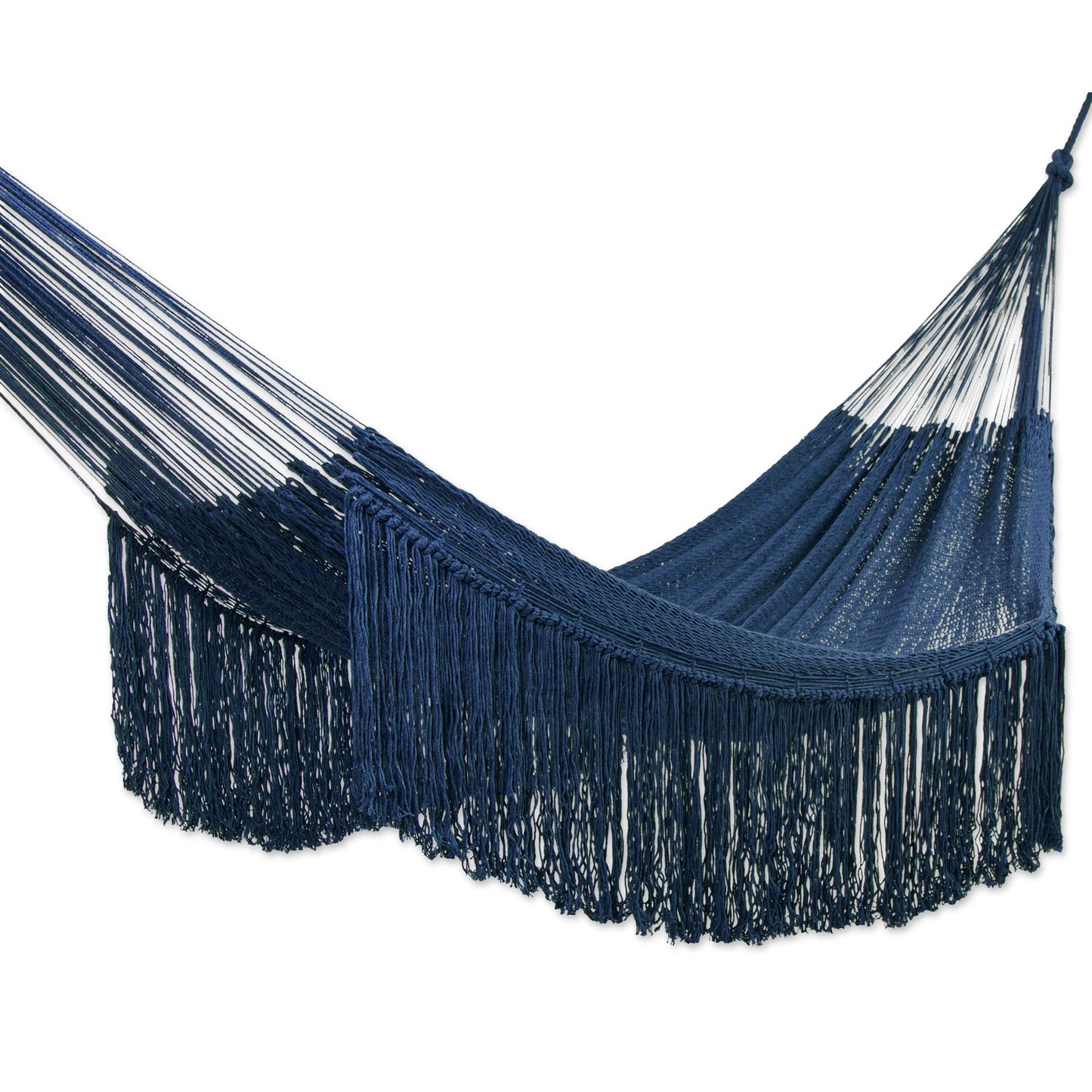 Yucatan Dreams Fringed Navy Cotton Rope Hammock (Double) From Mexico