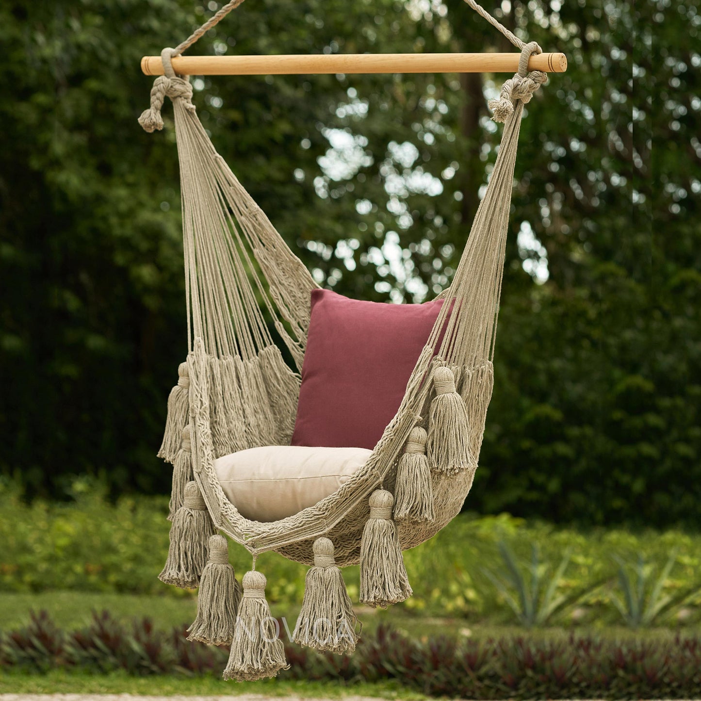 Ocean Seat in Ivory Tasseled Beige Cotton Rope Mayan Hammock Swing from Mexico