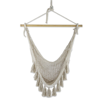 Ocean Seat in Ivory Tasseled Beige Cotton Rope Mayan Hammock Swing from Mexico