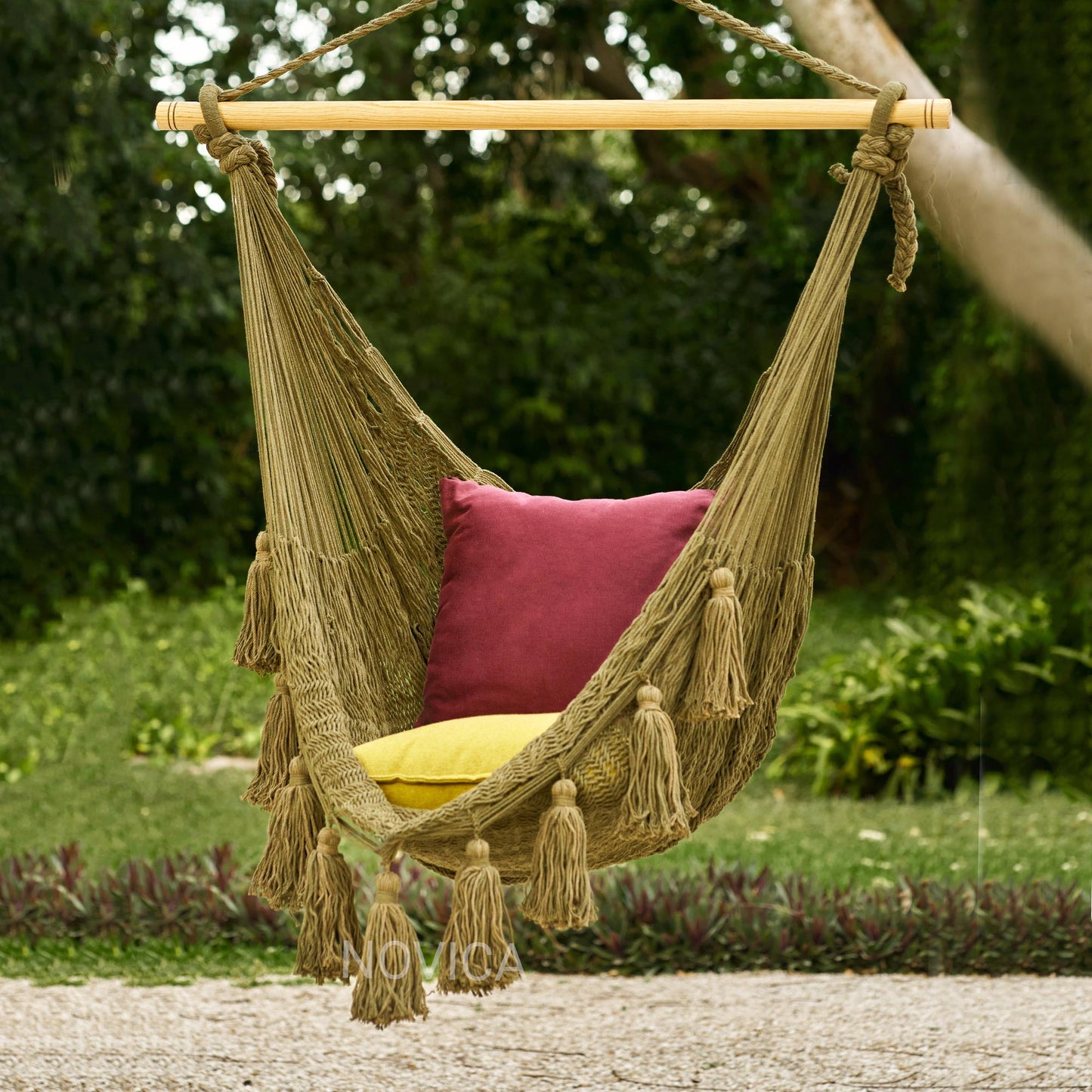 Ocean Seat in Olive Green Tasseled Cotton Rope Mayan Hammock Swing from Mexico