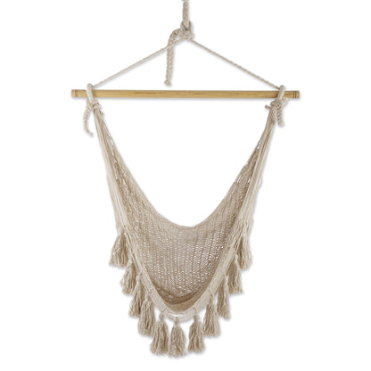 Ocean Seat in Ivory Ivory Tasseled Cotton Rope Mayan Hammock Swing from Mexico