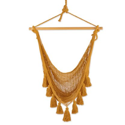 Ocean Seat in Warm Honey Honey Brown Tasseled Cotton Rope Mayan Hammock Swing