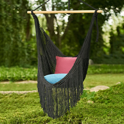 Sea Breezes in Black Black Fringed Cotton Rope Mayan Hammock Swing from Mexico