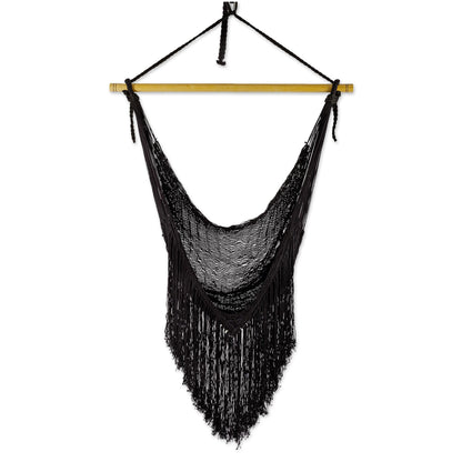 Sea Breezes in Black Black Fringed Cotton Rope Mayan Hammock Swing from Mexico