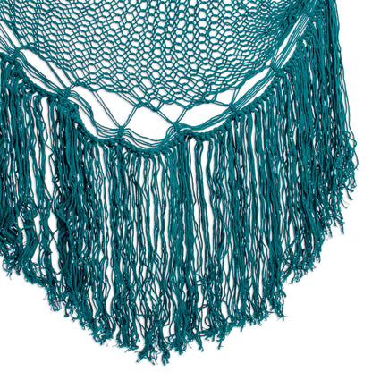 Sea Breezes in Teal Fringed Teal Cotton Rope Mayan Hammock Swing from Mexico