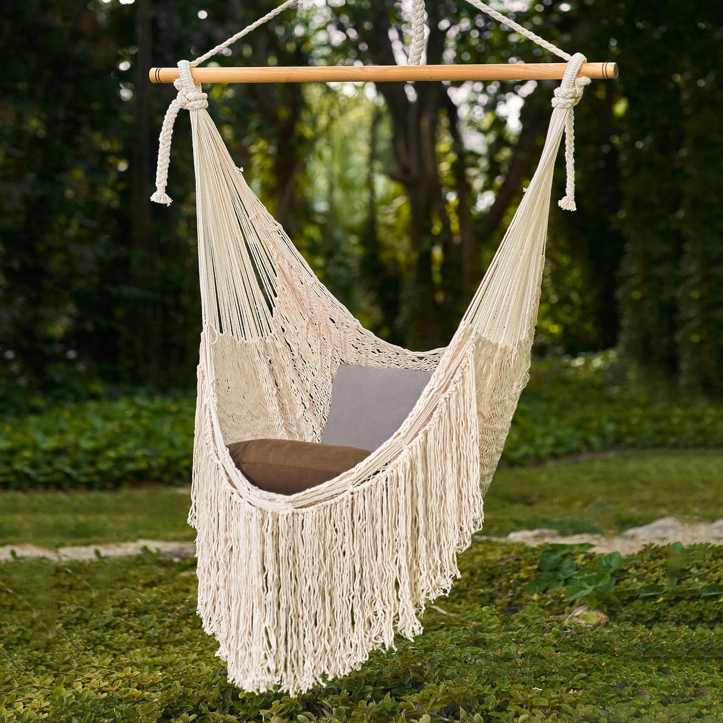 Sea Breezes in Ivory Ivory Fringed Cotton Rope Mayan Hammock Swing from Mexico