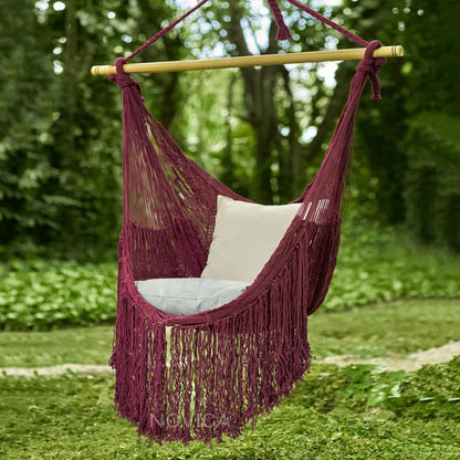 Sea Breezes in Bordeaux Burgundy Fringed Cotton Rope Mayan Hammock Swing from Mexico