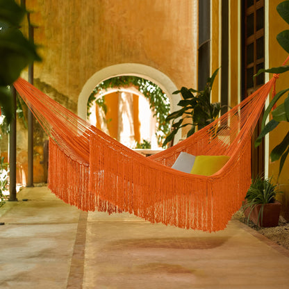 Orange Cascade Orange Fringed Cotton Rope Hammock (Triple) from Mexico