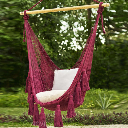 Ocean Seat in Bordeaux Tasseled Cotton Rope Mayan Hammock Swing in Wine from Mexico