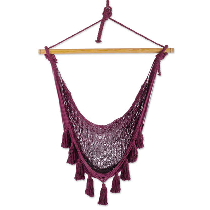 Ocean Seat in Bordeaux Tasseled Cotton Rope Mayan Hammock Swing in Wine from Mexico