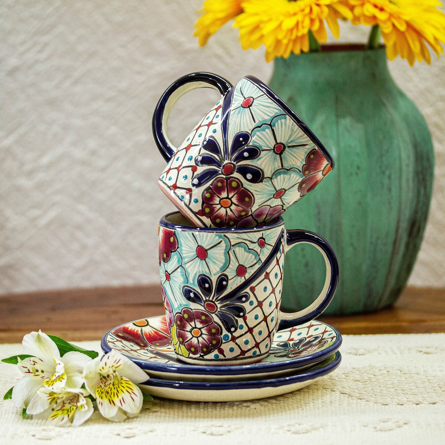 Colors of Mexico Talavera-Style Cups and Saucers (Pair)