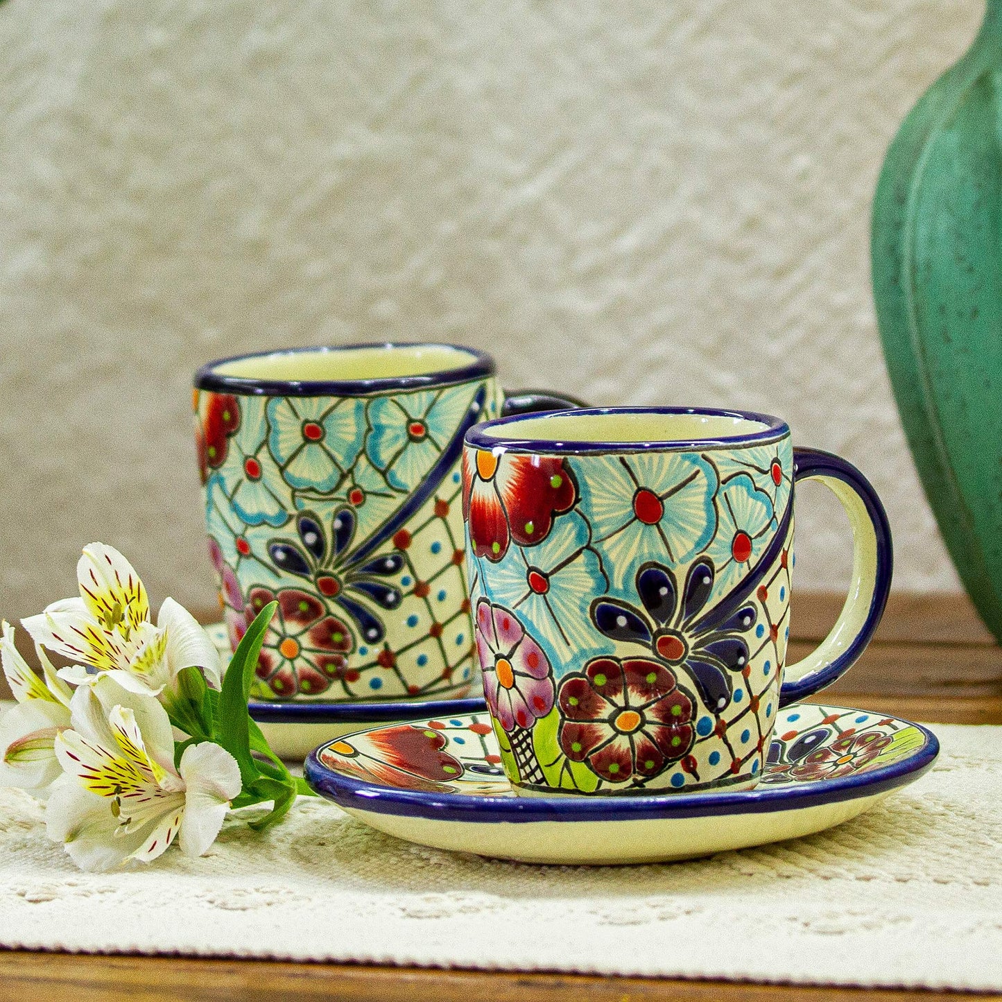 Colors of Mexico Talavera-Style Cups and Saucers (Pair)