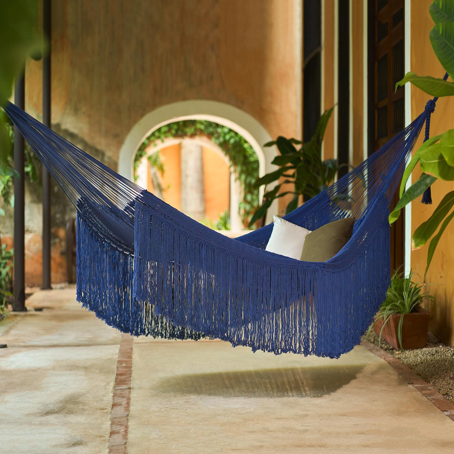 Navy Blue Cascade Fringed Navy Blue Cotton Hammock from Mexico (Triple)