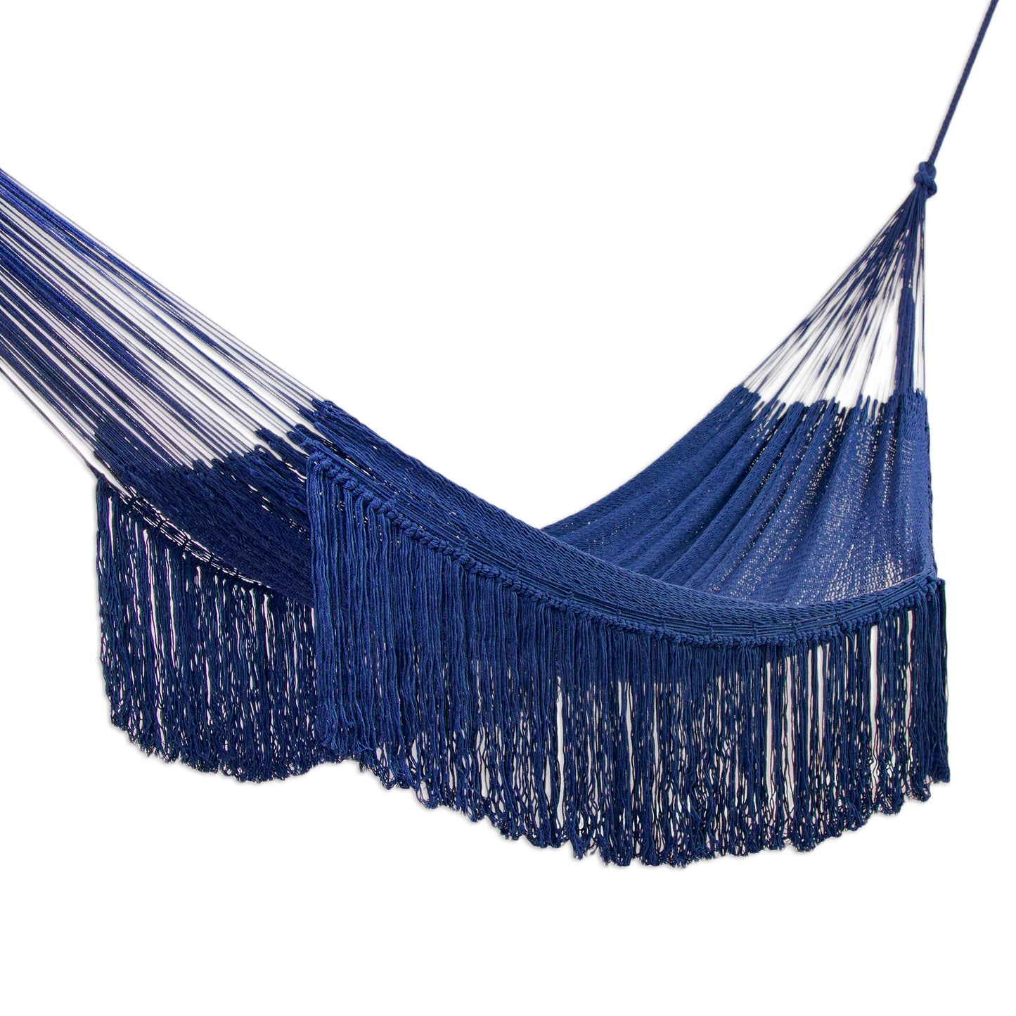 Navy Blue Cascade Fringed Navy Blue Cotton Hammock from Mexico (Triple)