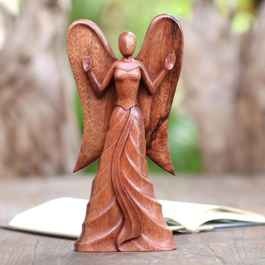 Angel in Heaven Hand Carved Suar Wood Angel Statuette