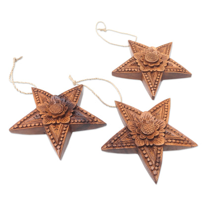 Sunny Christmas Hand Carved Star-Shaped Holiday Ornaments (Set of 3