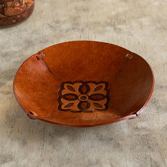 Colonial Florals Brown Hand Tooled Leather Catchall Plate from Peru