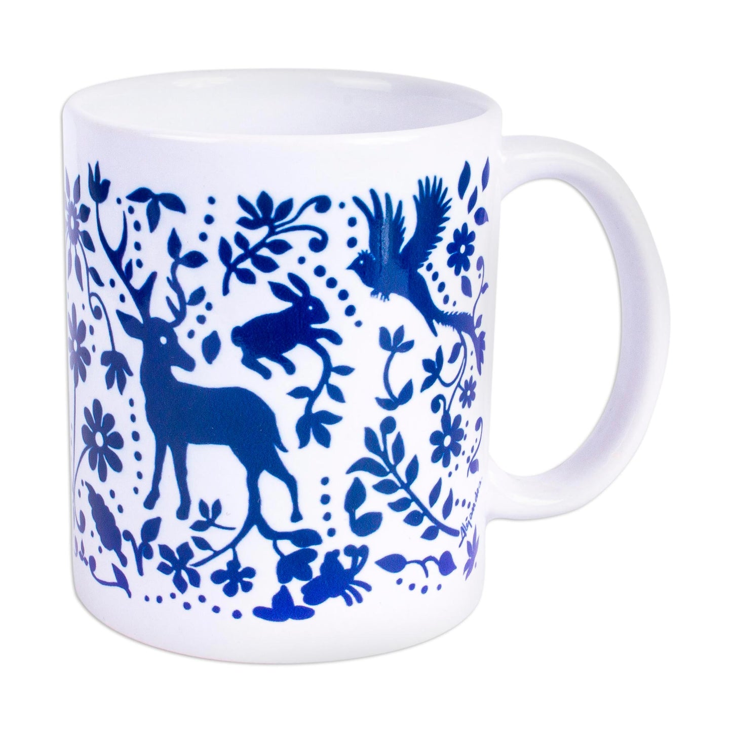 Blue Otomi  Artisan Crafted Otomi Blue Birds and Flowers Ceramic Mug