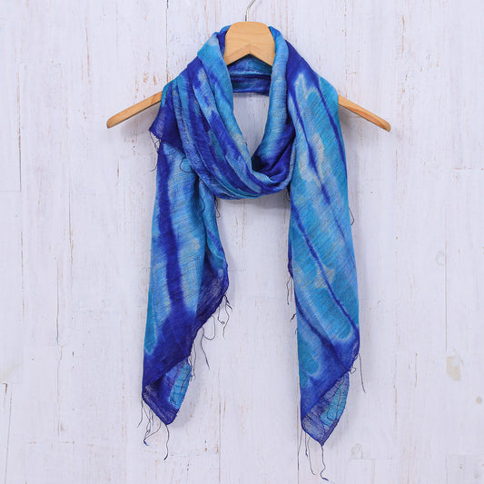 Summer Ocean Batik Printed Blue Silk Scarf