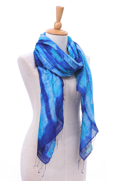 Summer Ocean Batik Printed Blue Silk Scarf