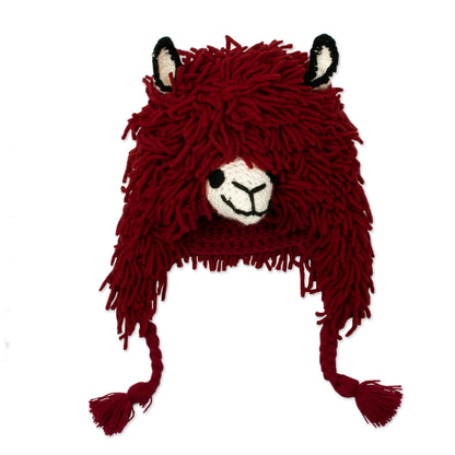 Smiling Llama Furry Red Llama Beanie Hat from Peru