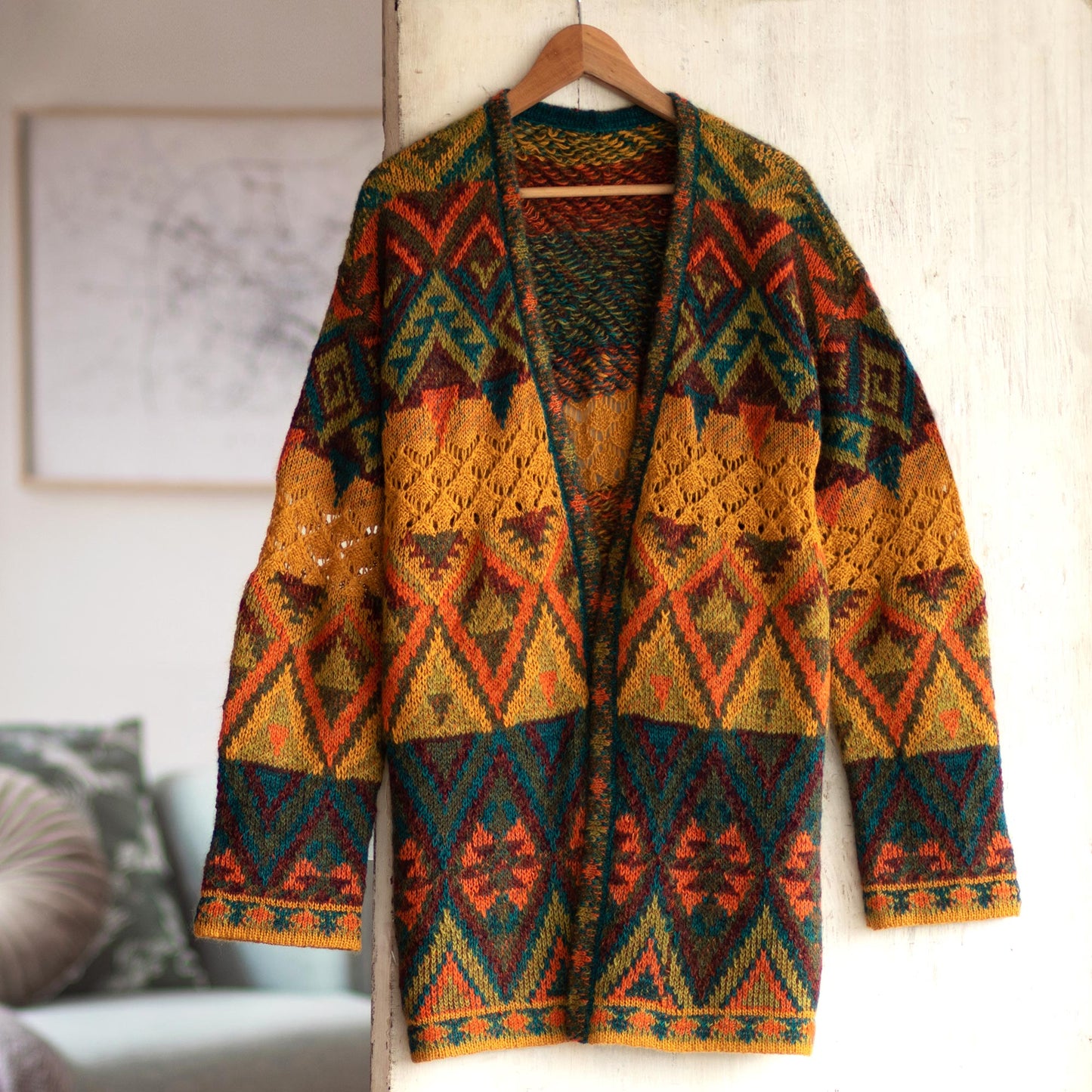 Chevere Art Knit Cardigan  Baby Alpaca Blend Geometric Motifs Knit Cardigan Sweater