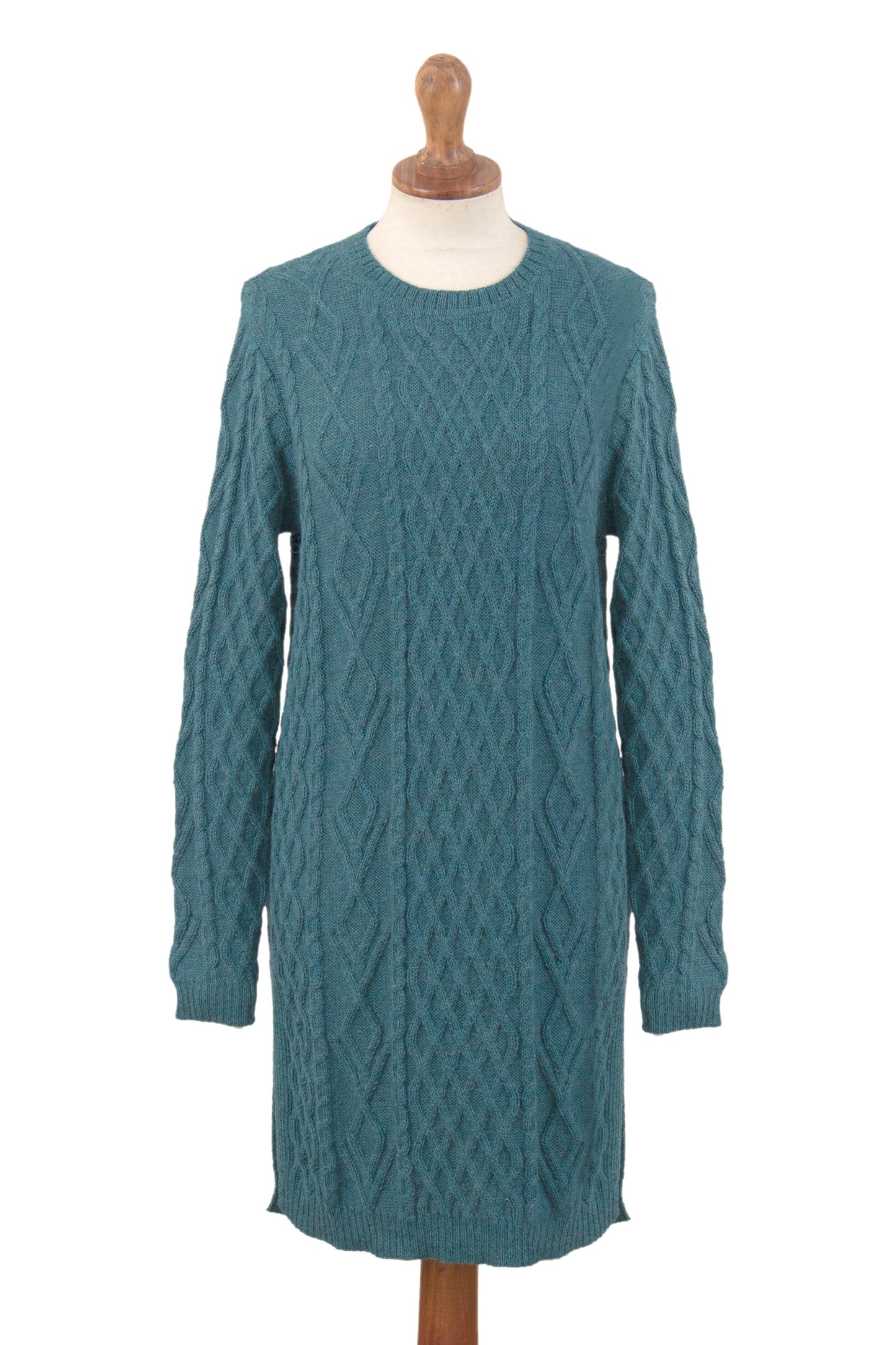 Winter Teal Baby Alpaca Teal Cable Knit Tunic Sweater Dress