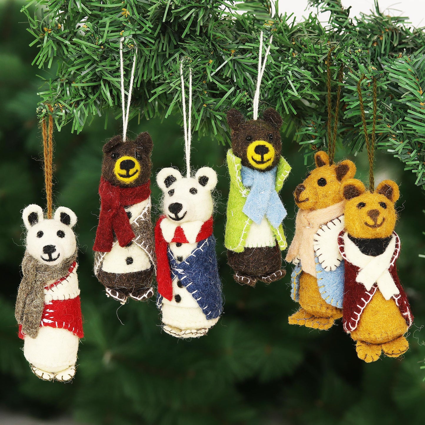 Cozy Bear Pairs Wool and Glass Beaded Holiday Ornaments (Set of 6)