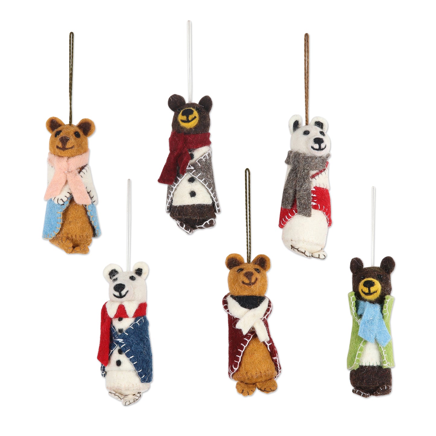 Cozy Bear Pairs Wool and Glass Beaded Holiday Ornaments (Set of 6)