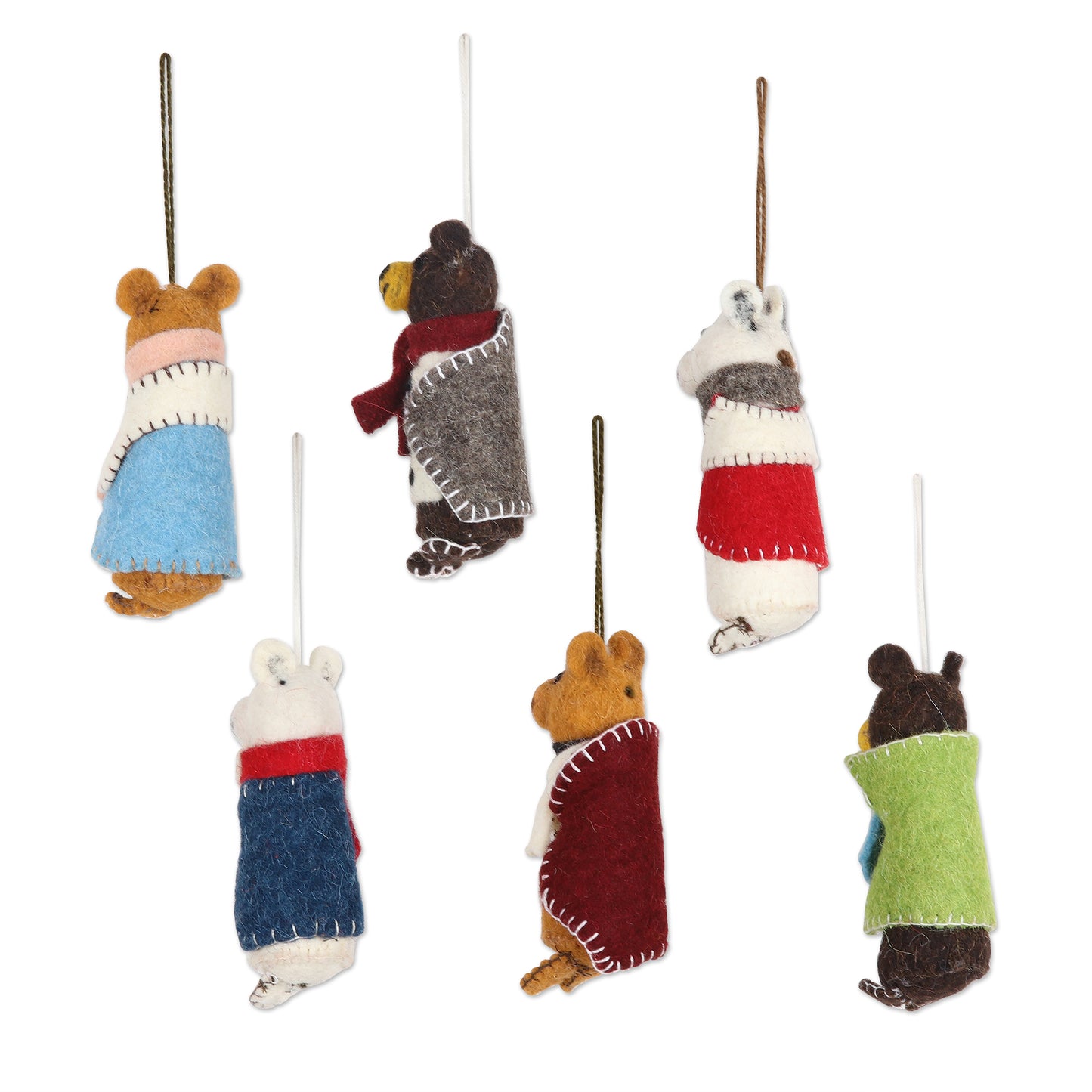 Cozy Bear Pairs Wool and Glass Beaded Holiday Ornaments (Set of 6)