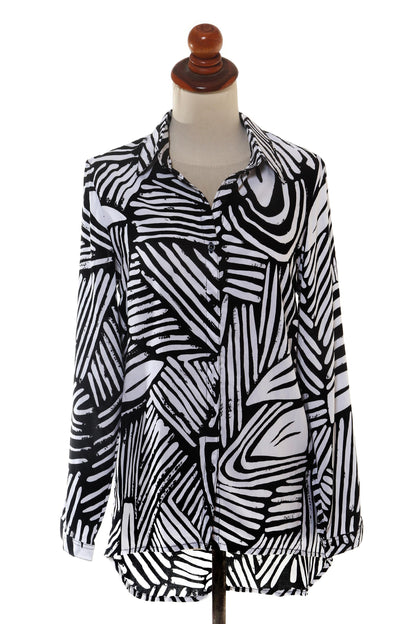 Palm Leaf in Black Silk-Screened Rayon Collared Shirt