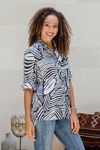 Palm Leaf in Black Silk-Screened Rayon Collared Shirt