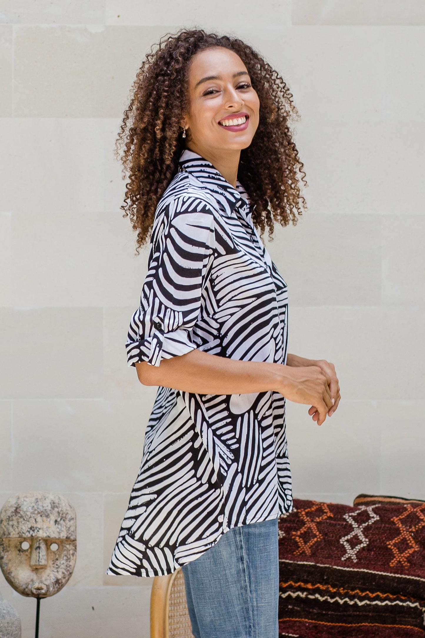 Palm Leaf in Black Silk-Screened Rayon Collared Shirt