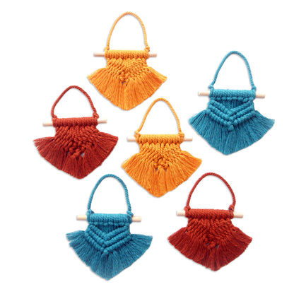 Boho Christmas Hand Woven Colorful Cotton Holiday Ornaments (Set of 6)