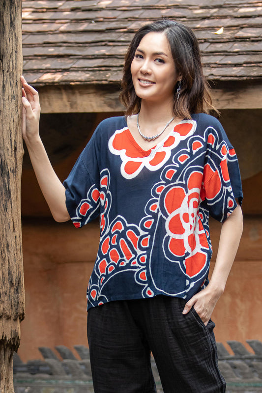 Relaxed Mood Cotton Batik Floral-Motif Blouse