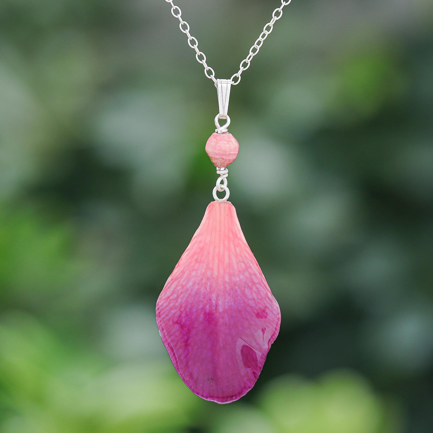Bloom Basket in Fuchsia Resin-Coated Orchid Petal Pendant Necklace