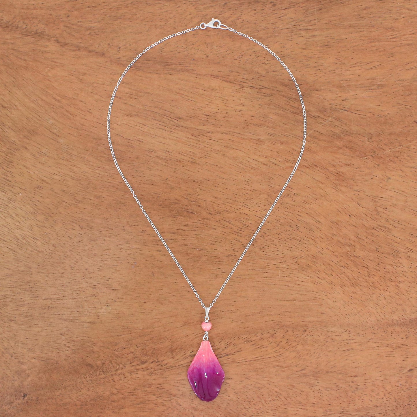 Bloom Basket in Fuchsia Resin-Coated Orchid Petal Pendant Necklace