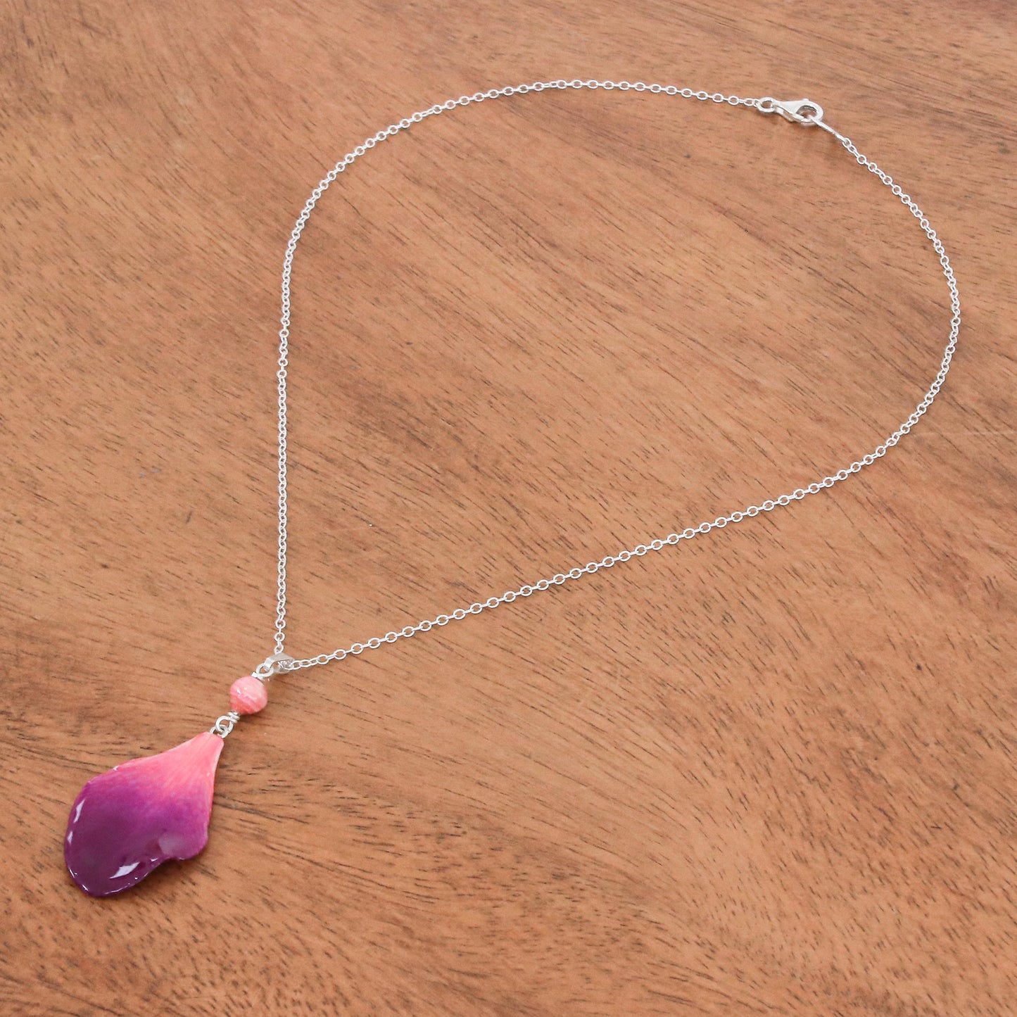 Bloom Basket in Fuchsia Resin-Coated Orchid Petal Pendant Necklace